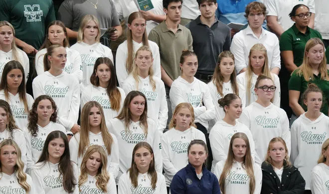 Mercyhurst University students attend a Centennial Mass inside the Mercyhurst Athletic Center in Erie, Pa., on Sept. 24, 2026. Mercyhurst College was founded by Mother Borgia Egan and the Sisters of Mercy in Erie, who trace their heritage to Dublin, Ireland. Mercyhurst opened to women in September of 1926.
