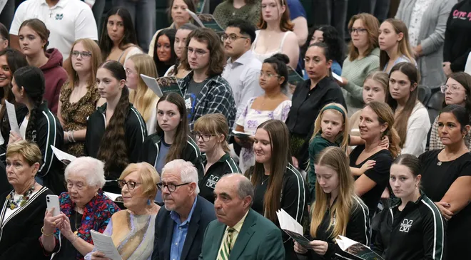 Guests attend a Centennial Mass inside the Mercyhurst Athletic Center in Erie, Pa., on Sept. 24, 2026. Mercyhurst College was founded by Mother Borgia Egan and the Sisters of Mercy in Erie, who trace their heritage to Dublin, Ireland. Mercyhurst opened to women in September of 1926.