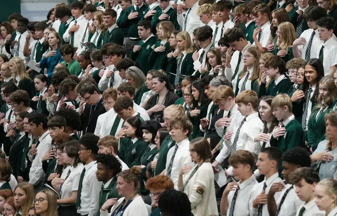 Mercyhurst Prep students attend a Centennial Mass inside the Mercyhurst Athletic Center in Erie, Pa., on Sept. 24, 2026. Mercyhurst College was founded by Mother Borgia Egan and the Sisters of Mercy in Erie, who trace their heritage to Dublin, Ireland. Mercyhurst opened to women in September of 1926.