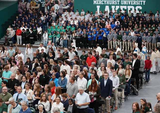 The Mercyhurst University Centennial Mass begins inside the Mercyhurst Athletic Center in Erie, Pa.,, on Sept. 24, 2026. Mercyhurst College was founded by Mother Borgia Egan and the Sisters of Mercy in Erie, who trace their heritage to Dublin, Ireland. Mercyhurst opened to women in September of 1926.