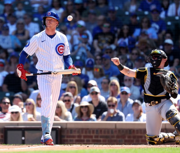 Cubs center fielder Pete Crow-Armstrong walks to the dugout after striking out in the first inning against the Pirates on Sept. 11, 2026, at Wrigley Field. (Chris Sweda/Chicago Tribune)