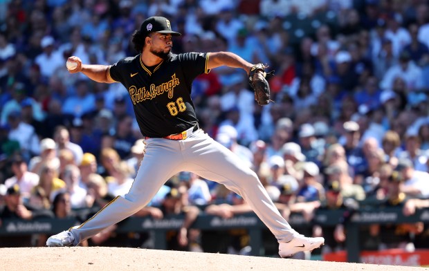 Pirates starter Wilber Dotel delivers against the Cubs in the first inning Sept. 11, 2026, at Wrigley Field. (Chris Sweda/Chicago Tribune)