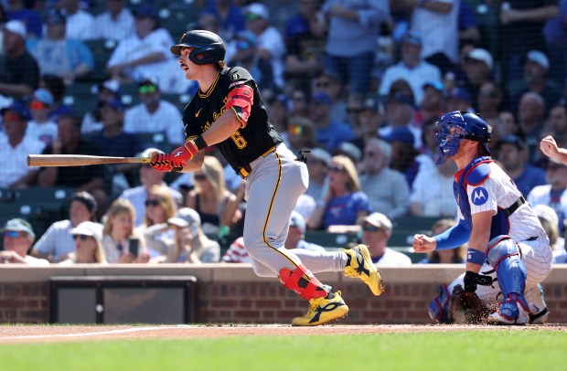 Pirates shortstop Konnor Griffin runs out of the batter's box on his first-inning triple against the Cubs on Sept. 11, 2026, at Wrigley Field. (Chris Sweda/Chicago Tribune)
