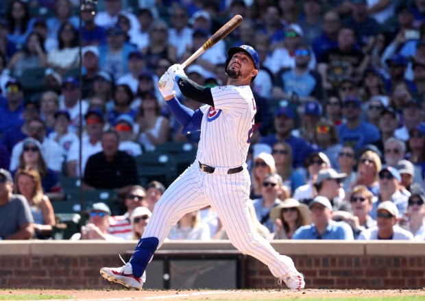 Cubs designated hitter Michael Conforto drives in a run on a sacrifice fly in the second inning against the Pirates on Sept. 11, 2026, at Wrigley Field. (Chris Sweda/Chicago Tribune)