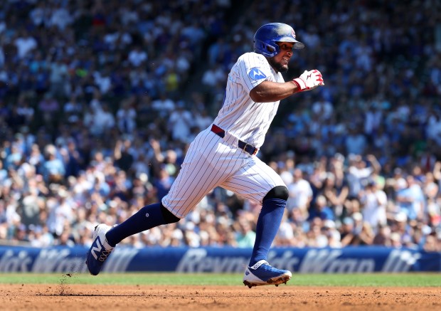 Cubs second baseman Pedro Ramírez sprints around the bases before scoring on a Carson Kelly two-run double in the second inning against the Pirates on Sept. 11, 2026, at Wrigley Field. (Chris Sweda/Chicago Tribune)