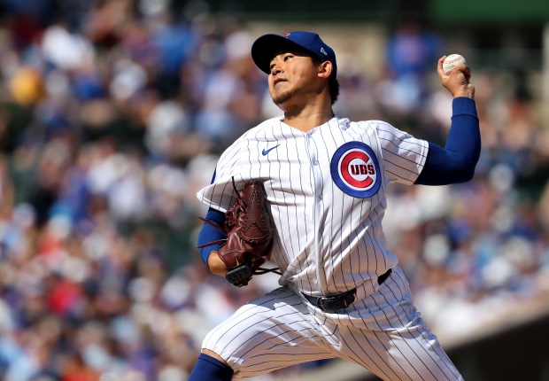 Chicago Cubs starting pitcher Shota Imanaga (18) delivers to the Pittsburgh Pirates in the third inning of a game at Wrigley Field in Chicago on Sept. 11, 2026. (Chris Sweda/Chicago Tribune)
