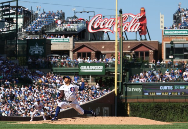 Chicago Cubs starting pitcher Shota Imanaga (18) delivers to the Pittsburgh Pirates in the third inning of a game at Wrigley Field in Chicago on Sept. 11, 2026. (Chris Sweda/Chicago Tribune)
