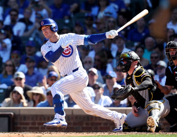 Cubs third baseman Alex Bregman hits a two-run home run in the fourth inning against the Pirates on Sept. 11, 2026, at Wrigley Field. (Chris Sweda/Chicago Tribune)