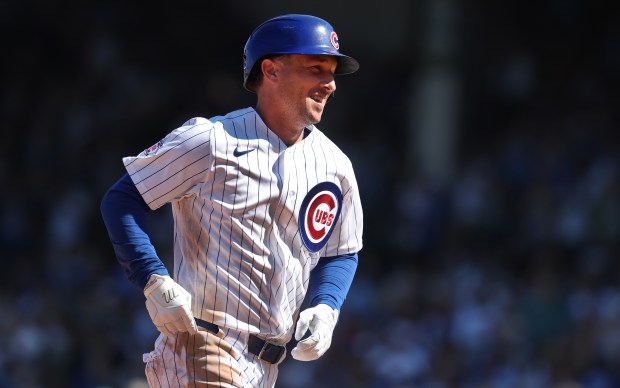 Cubs third baseman Alex Bregman smiles as he rounds the bases after hitting a two-run home run in the fourth inning against the Pirates on Sept. 11, 2026, at Wrigley Field. (Chris Sweda/Chicago Tribune)