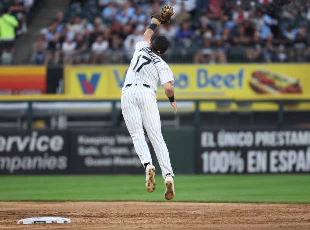 Chicago White Sox second baseman Sam Antonacci (17) catches a line drive off the bat of Pittsburgh Pirates right fielder Esmerlyn Valdez before Antonacci completed a double play in the second inning of a game at Rate Field in Chicago on Sept. 9, 2026. (Chris Sweda/Chicago Tribune)