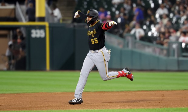 Pittsburgh Pirates right fielder Esmerlyn Valdez (55) rounds the bases after hitting a solo home run in the fifth inning of a game against the Chicago White Sox at Rate Field in Chicago on Sept. 9, 2026. (Chris Sweda/Chicago Tribune)