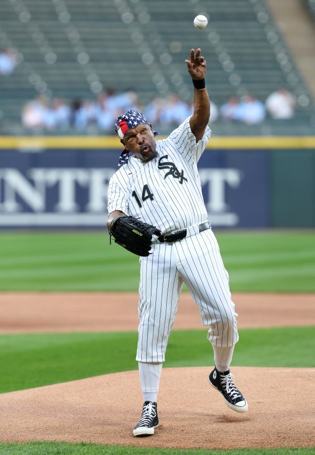 Entertainer Mr. T throws out a ceremonial first pitch before a game between the Chicago White Sox and the Pittsburgh Pirates at Rate Field in Chicago on Sept. 9, 2026. (Chris Sweda/Chicago Tribune)