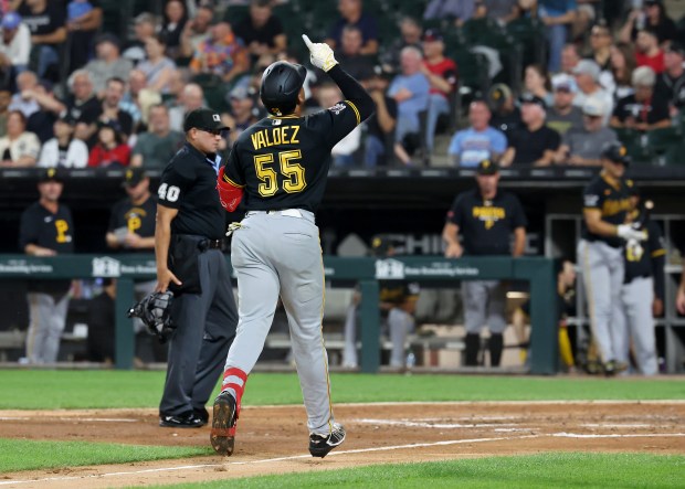 Pittsburgh Pirates right fielder Esmerlyn Valdez (55) celebrates before crossing home plate after hitting a solo home run in the fifth inning of a game against the Chicago White Sox at Rate Field in Chicago on Sept. 9, 2026. (Chris Sweda/Chicago Tribune)