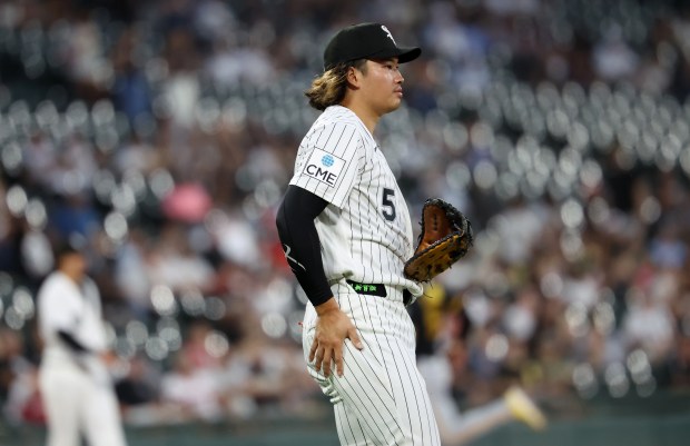 Chicago White Sox first baseman Munetaka Murakami (5) looks to the outfield in the second inning of a game against the Pittsburgh Pirates at Rate Field in Chicago on Sept. 8, 2026. (Chris Sweda/Chicago Tribune)