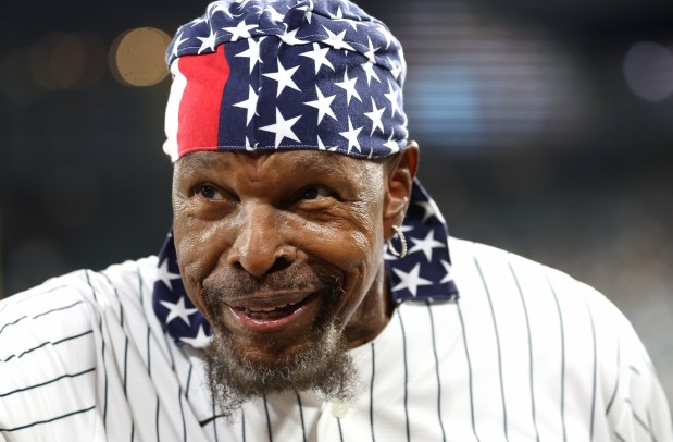 Entertainer Mr T. acknowledges cheers from the fans during a game between the Chicago White Sox and the Pittsburgh Pirates at Rate Field in Chicago on Sept. 9, 2026. (Chris Sweda/Chicago Tribune)