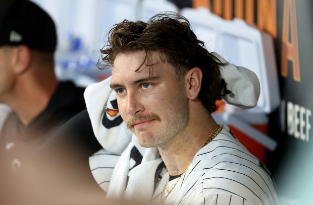 Chicago White Sox starting pitcher Sean Burke (59) sits in the dugout after a poor first inning against the Pittsburgh Pirates at Rate Field in Chicago on Sept. 8, 2026. (Chris Sweda/Chicago Tribune)