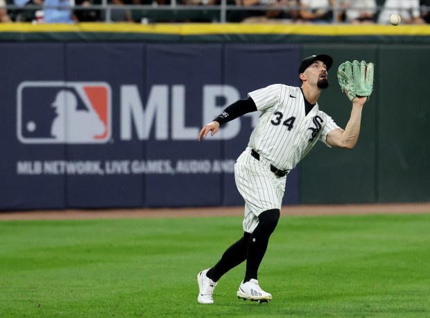 Chicago White Sox left fielder Randal Grichuk (34) catches a fly ball in the fifth inning of a game against the Pittsburgh Pirates at Rate Field in Chicago on Sept. 9, 2026. (Chris Sweda/Chicago Tribune)