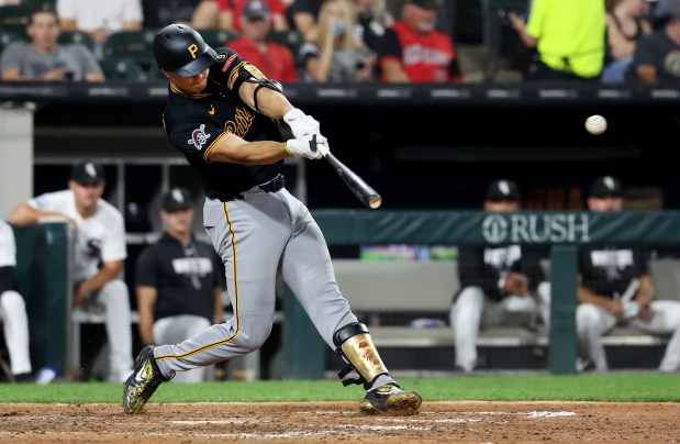 Pittsburgh Pirates catcher Rafael Flores Jr. (43) drives in a run on a single in the seventh inning of a game against the Chicago White Sox at Rate Field in Chicago on Sept. 9, 2026. (Chris Sweda/Chicago Tribune)