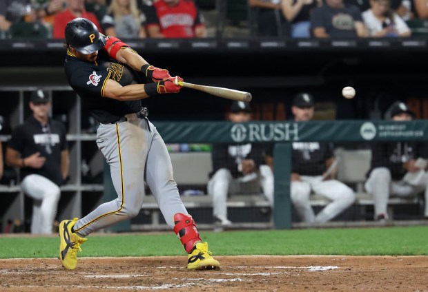 Pittsburgh Pirates shortstop Konnor Griffin drives in two runs on a single in the seventh inning of a game against the Chicago White Sox at Rate Field in Chicago on Sept. 9, 2026. (Chris Sweda/Chicago Tribune)
