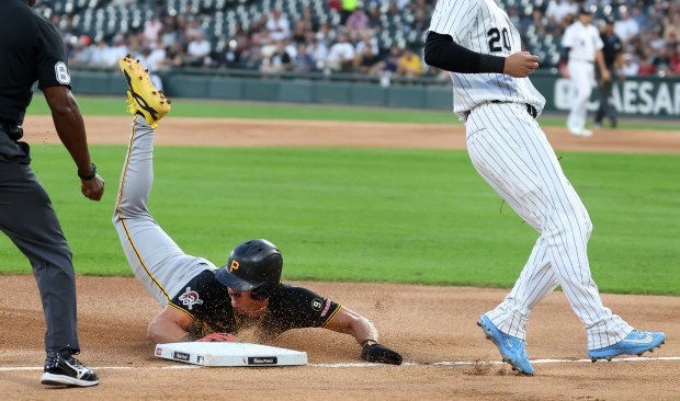 Pittsburgh Pirates shortstop Konnor Griffin (6) slides in safely at third base in the first inning of a game against the Chicago White Sox at Rate Field in Chicago on Sept. 8, 2026. (Chris Sweda/Chicago Tribune)