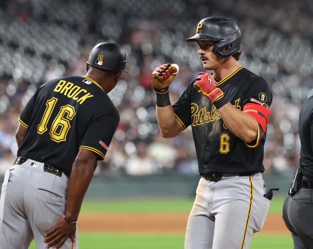 Pittsburgh Pirates shortstop Konnor Griffin celebrates at first base after driving in two runs on a single in the seventh inning of a game against the Chicago White Sox at Rate Field in Chicago on Sept. 9, 2026. (Chris Sweda/Chicago Tribune)