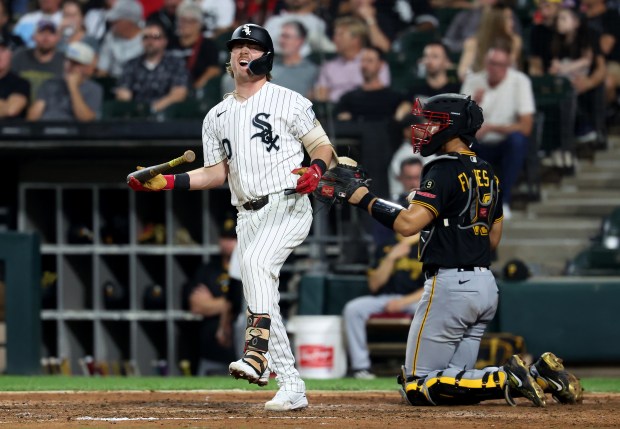 Chicago White Sox shortstop Chase Meidroth (10) reacts after swinging and missing a pitch in the seventh inning of a game against the Pittsburgh Pirates at Rate Field in Chicago on Sept. 9, 2026. (Chris Sweda/Chicago Tribune)