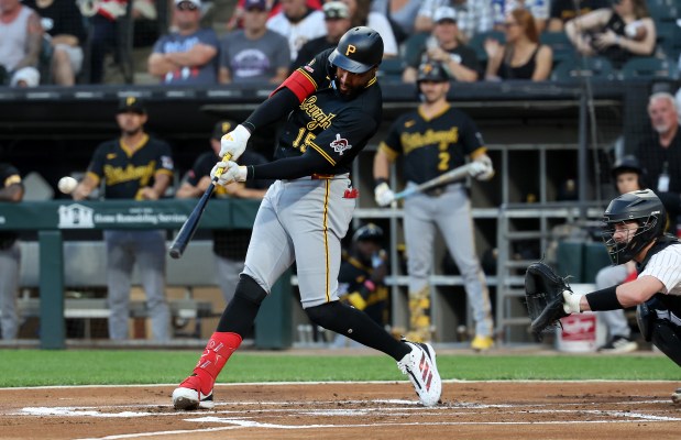 Pittsburgh Pirates center fielder Oneil Cruz (15) drives in two runs on a double in the first inning of a game against the Chicago White Sox at Rate Field in Chicago on Sept. 8, 2026. (Chris Sweda/Chicago Tribune)