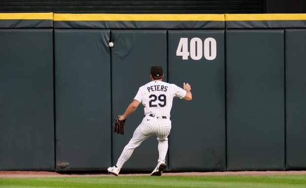 Chicago White Sox center fielder Tristan Peters (29) tracks down a ball on a two-run double for Pittsburgh Pirates center fielder Oneil Cruz in the first inning of a game at Rate Field in Chicago on Sept. 8, 2026. (Chris Sweda/Chicago Tribune)