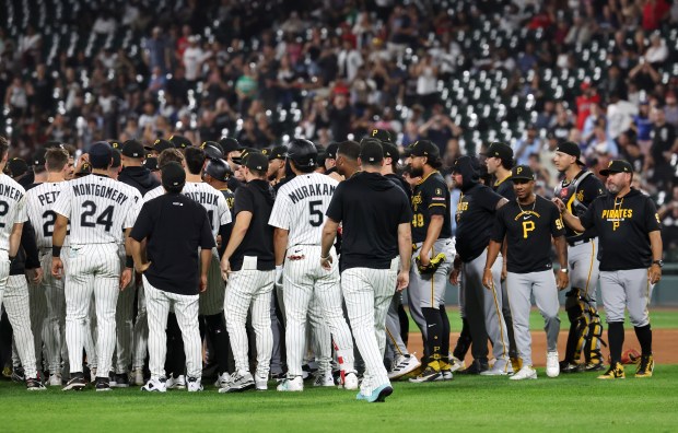 Tempers flare between the Chicago White Sox and the Pittsburgh Pirates at the end of the seventh inning of a game at Rate Field in Chicago on Sept. 9, 2026. (Chris Sweda/Chicago Tribune)