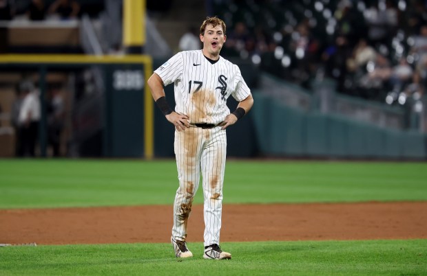 Chicago White Sox second baseman Sam Antonacci (17) walks on the infield after teammate Miguel Vargas grounded into a double play to end the seventh inning of a game against the Pittsburgh Pirates at Rate Field in Chicago on Sept. 9, 2026. (Chris Sweda/Chicago Tribune)