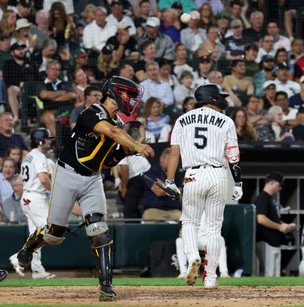 Chicago White Sox first baseman Munetaka Murakami (5) walks to the dugout after striking out to end the sixth inning of a game against the Pittsburgh Pirates at Rate Field in Chicago on Sept. 8, 2026. (Chris Sweda/Chicago Tribune)