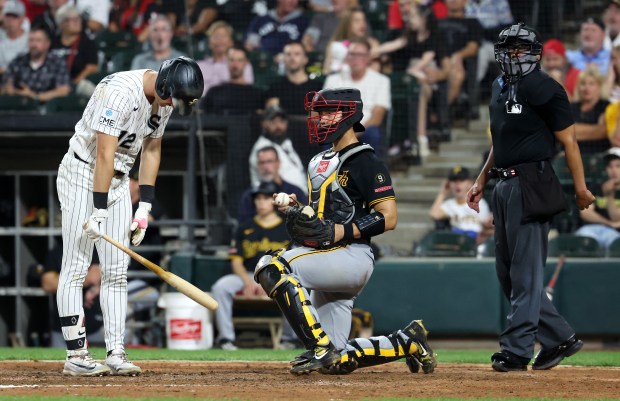 Chicago White Sox third baseman Colson Montgomery (12) drops his head after striking out in the eighth inning of a game against the Pittsburgh Pirates at Rate Field in Chicago on Sept. 9, 2026. (Chris Sweda/Chicago Tribune)