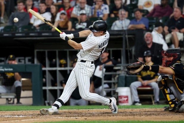Chicago White Sox shortstop Colson Montgomery (12) drives in a run on a ground out in the seventh inning of a game against the Pittsburgh Pirates at Rate Field in Chicago on Sept. 8, 2026. (Chris Sweda/Chicago Tribune)