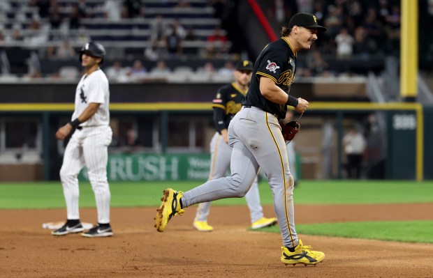 Pittsburgh Pirates shortstop Konnor Griffin (6) celebrates after his teammate Jared Triolo (19) completed a double play to end the bottom of the eighth inning against the Chicago White Sox at Rate Field in Chicago on Sept. 9, 2026. (Chris Sweda/Chicago Tribune)