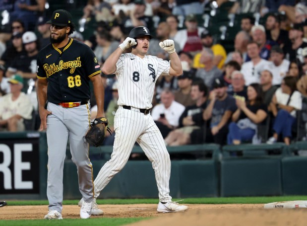 Chicago White Sox catcher Kyle Teel (8) celebrates at first base after his single in the eighth inning of a game against the Pittsburgh Pirates at Rate Field in Chicago on Sept. 8, 2026. (Chris Sweda/Chicago Tribune)