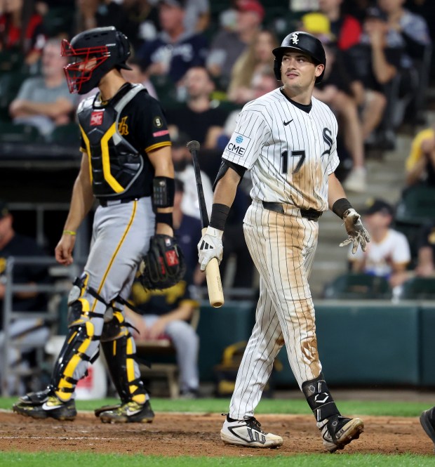 Chicago White Sox second baseman Sam Antonacci (17) walks to the dugout after striking out in the ninth inning of a game against the Pittsburgh Pirates at Rate Field in Chicago on Sept. 9, 2026. (Chris Sweda/Chicago Tribune)