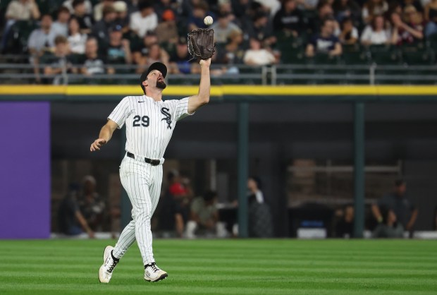 Chicago White Sox center fielder Tristan Peters (29) catches a fly ball in the ninth inning of a game against the Pittsburgh Pirates at Rate Field in Chicago on Sept. 8, 2026. (Chris Sweda/Chicago Tribune)
