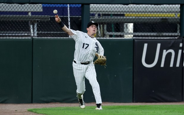 Chicago White Sox left fielder Sam Antonacci (17) throws the ball to the infield on a double for Pittsburgh Pirates left fielder Jake Mangum in the ninth inning of a game at Rate Field in Chicago on Sept. 8, 2026. (Chris Sweda/Chicago Tribune)