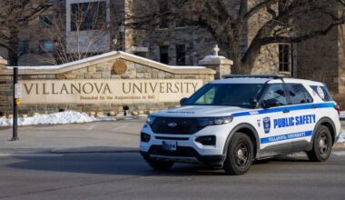 A Villanova public safety officer vehicle drives along Lancaster Avenue, at the university campus, Thursday, Jan. 22, 2026.