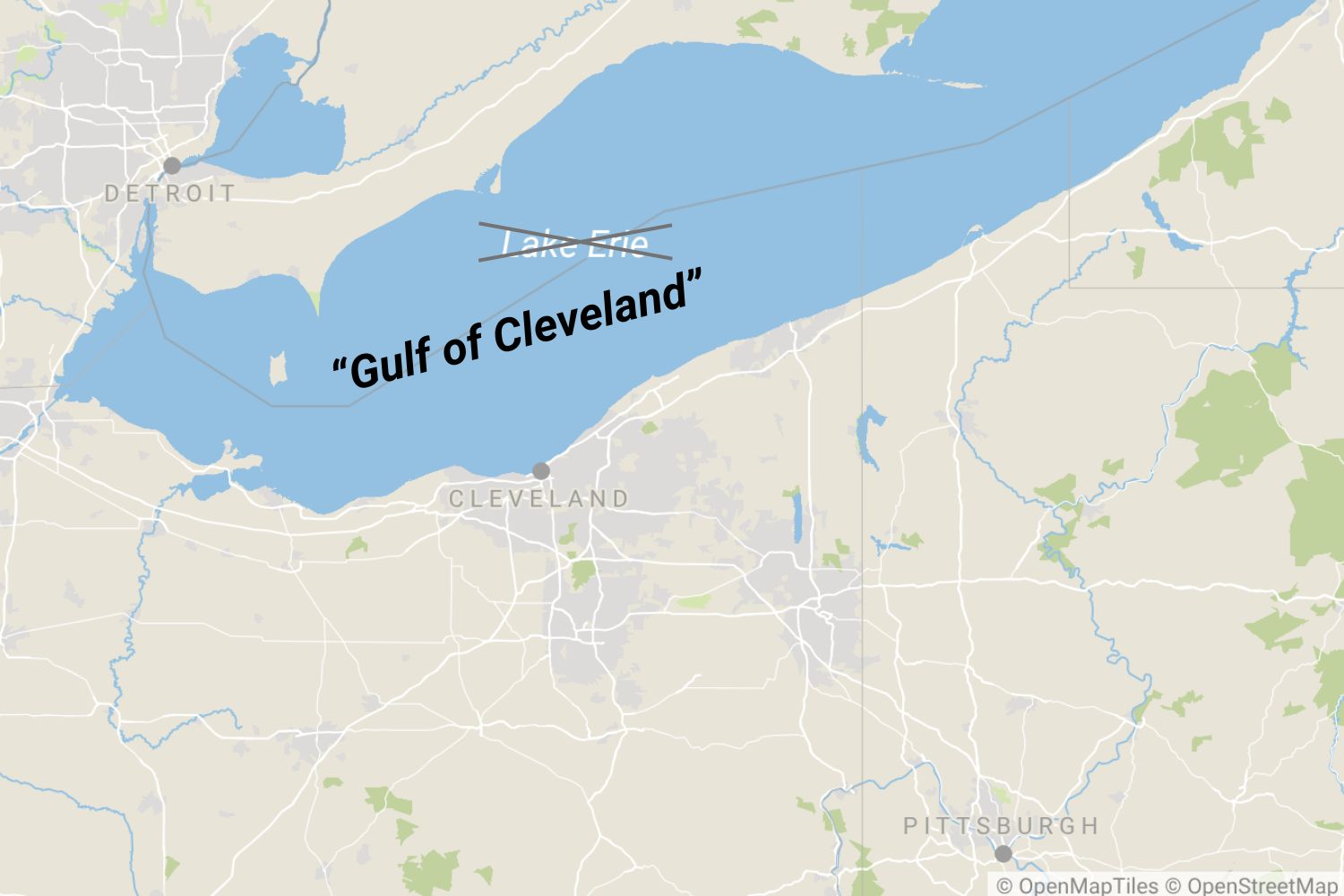 A graphic of the "Gulf of Cleveland" where Lake Erie is.