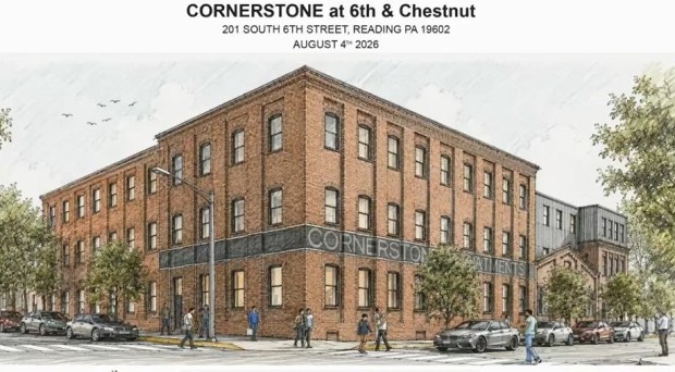 A depiction of the transformation of the long-vacant former Berks Engineering complex into Cornerstone at Sixth and Chestnut, an affordable senior housing complex. (Courtesy of Reading)