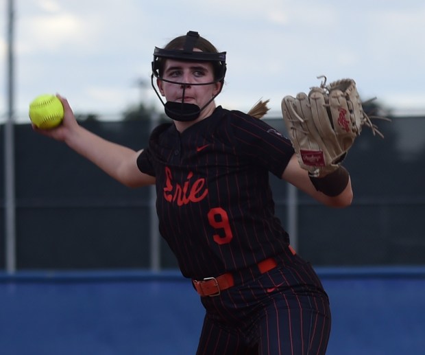 BROOMFIELD: Erie's Sophee Horovitz pitches against Broomfield on Tuesday, Sept. 1, 2026. (Photo by Brent W. New/BoCoPreps.com)
