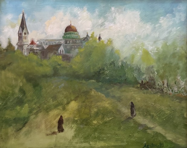 Artist Kathy Agostinelli's "Nuns Taking a Walk at Neumann" is a 16 x 20 inch oil on canvas painting of nuns taking a walk on the campus of Neumann University in Aston. The art piece will be on display, along with works by 35 other artists, at the Delaware Valley Art League exhibition at Neumann University today through Oct. 20. (COURTESY OF NEUMANN UNIVERSITY)
