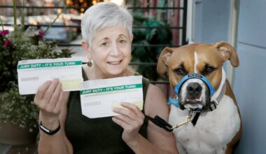 Carol Brodie-Mackin sits with her dog Junior, and the two jury duty notices she received in May 2018.