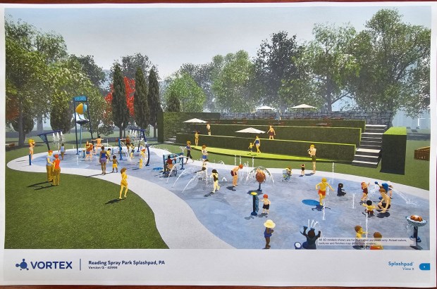 A conceptual rendering shows how the planned splashpad at the former Hillside Pool site might look.(Courtesy of Reading)