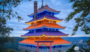Reading Pagoda and City Hall shine blue and white for Oktoberfest
