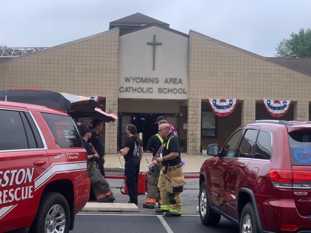 Students and staff have been evacuated after a fire broke out around 10 a.m. Tuesday morning at Wyoming Area Catholic School at 1690 Wyoming Ave., Exeter, according to the Wyoming Area Regional Police Department. (CHRISTOPHER DOYLE / STAFF PHOTOGRAPHER