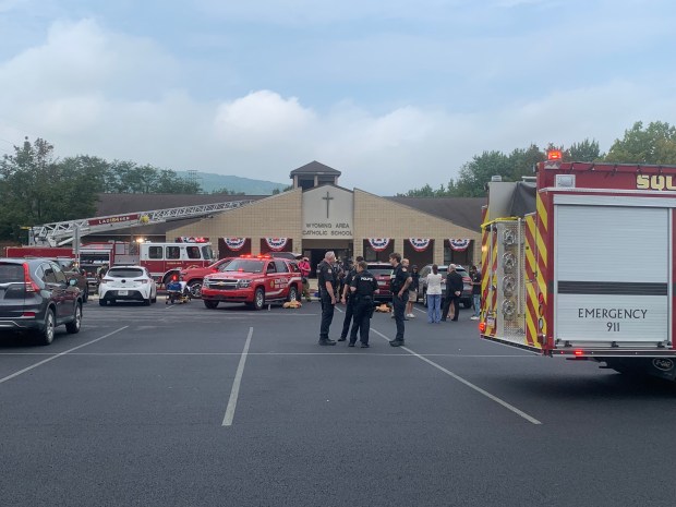 Students and staff have been evacuated after a fire broke out around 10 a.m. Tuesday morning at Wyoming Area Catholic School at 1690 Wyoming Ave., Exeter, according to the Wyoming Area Regional Police Department. (CHRISTOPHER DOYLE / STAFF PHOTOGRAPHER