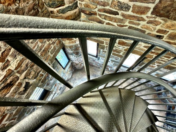 An upcoming event at the William Penn Memorial Fire Tower will offer free climbs of the 156 steel steps, 168 counting the landings, to the tower's glass-walled observation deck, which offers a panoramic view stretching about 60 miles across Reading and beyond. (Courtesy of Pagoda-Skyline Inc.)