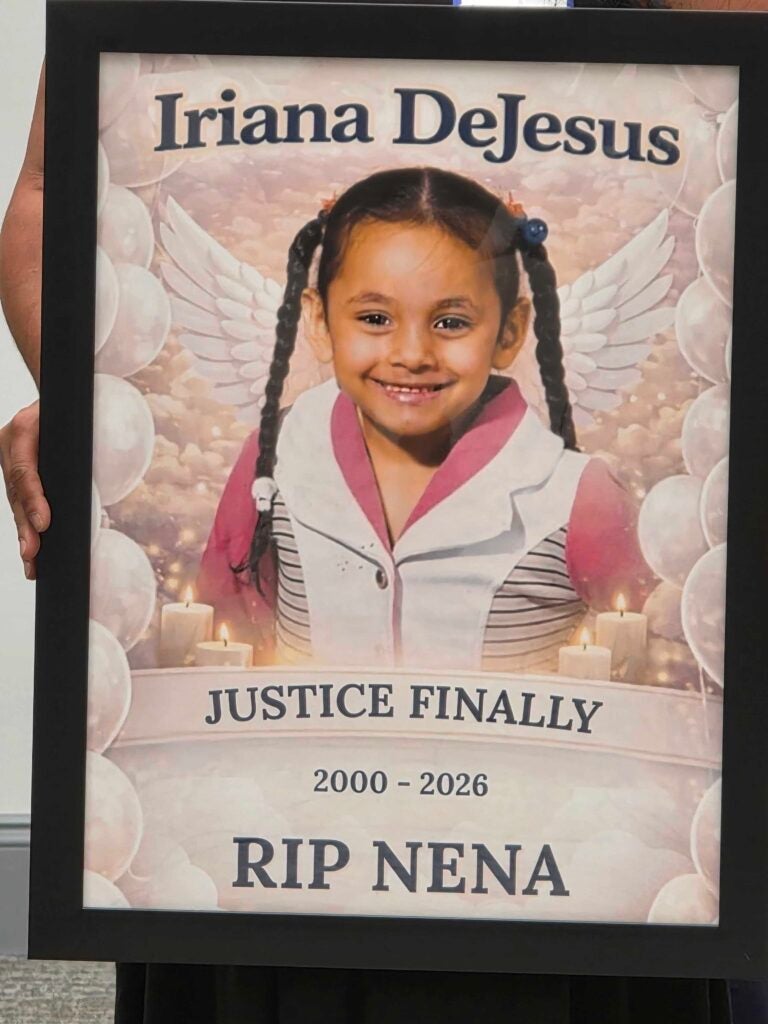 A photo of Iriana DeJesus with the text JUSTICE FINALLY 2000 - 2026 RIP NENA